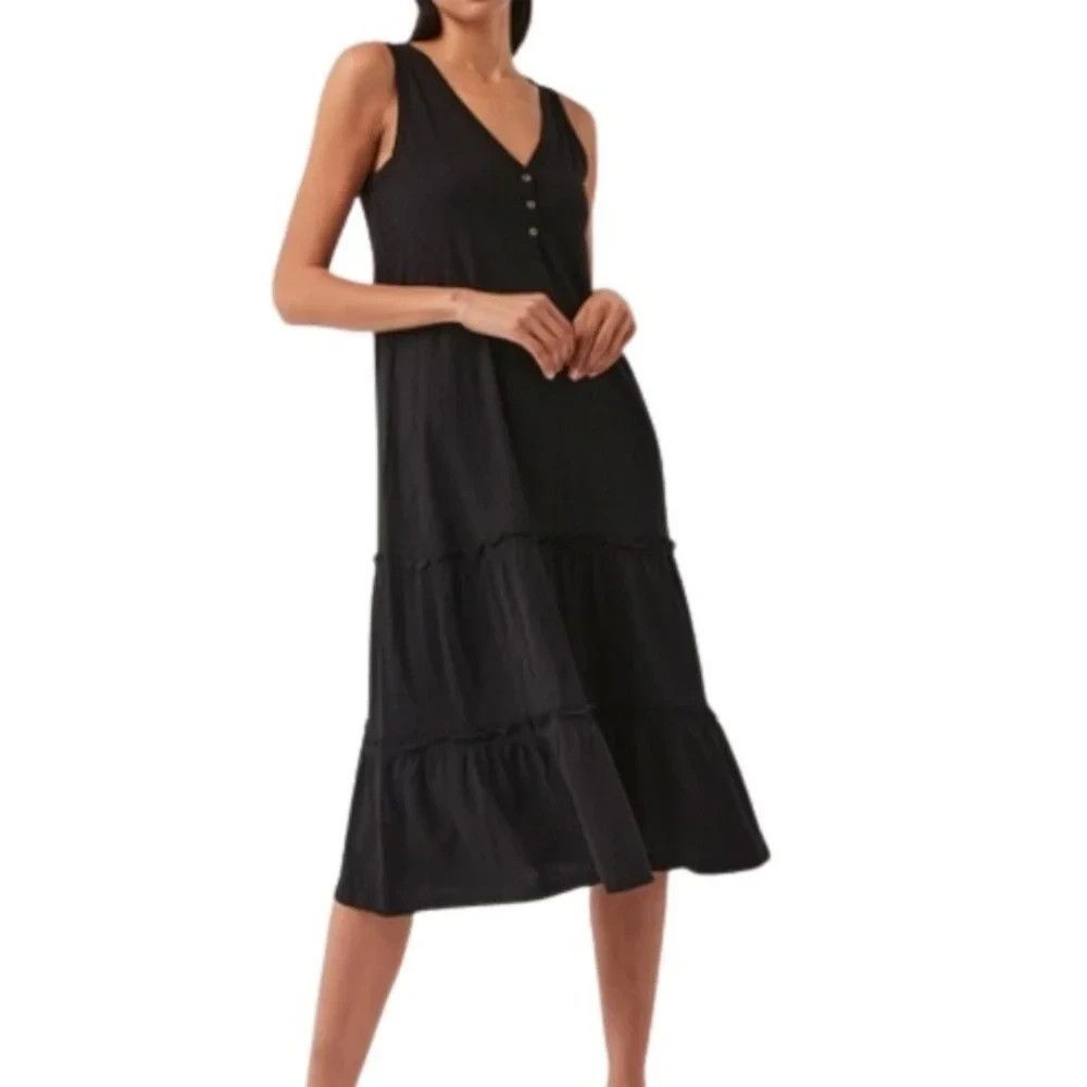 PACT Organic Cotton Black Tiered Midi Dress Women Large Sleeveless Minimalist